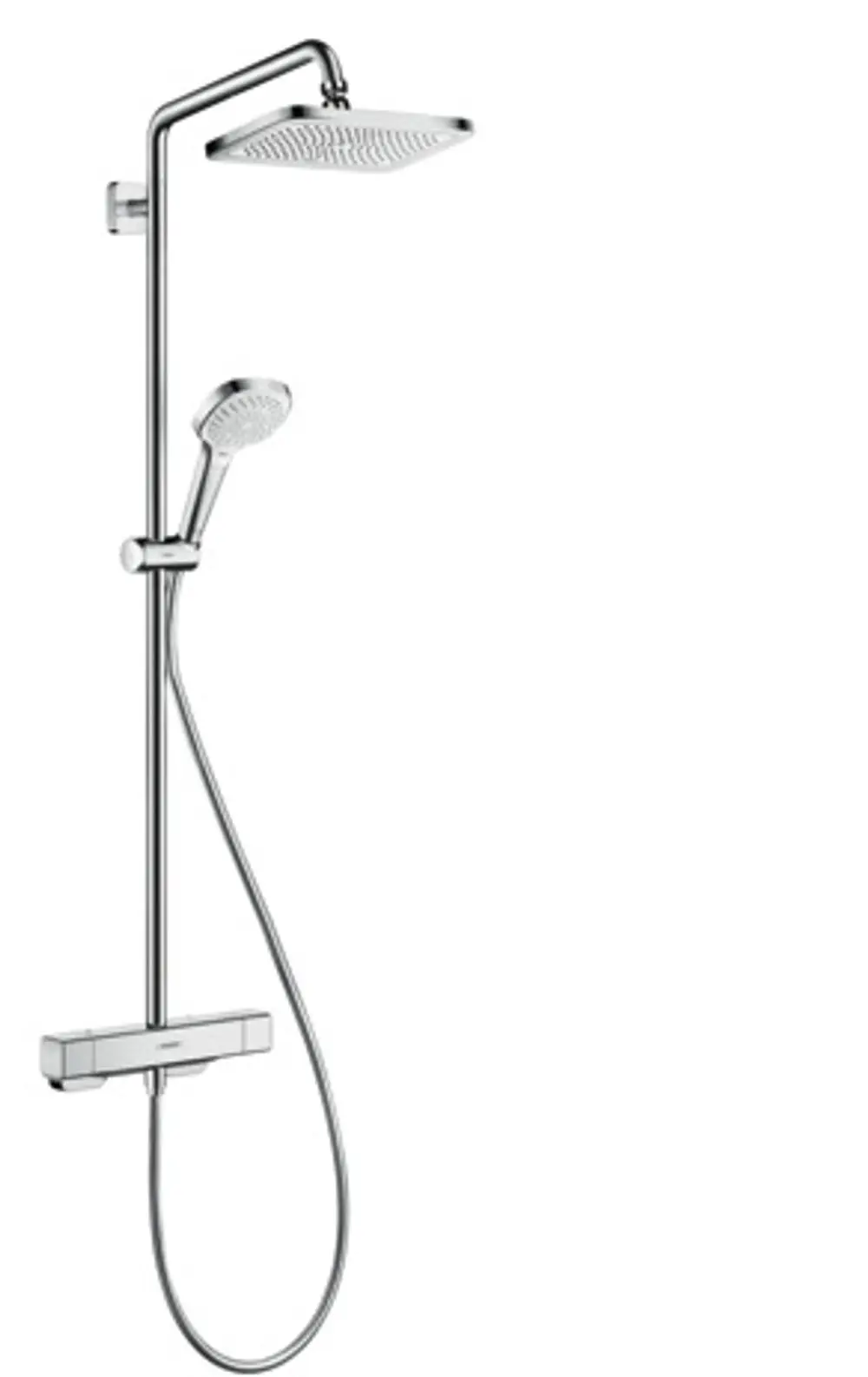 Hansgrohe Duschsystem mit einer großen, eckigen Kopfbrause oben und einer Handbrause unten, verbunden durch eine flexible Schlauchleitung, mit einem Thermostat zur Temperaturregelung.